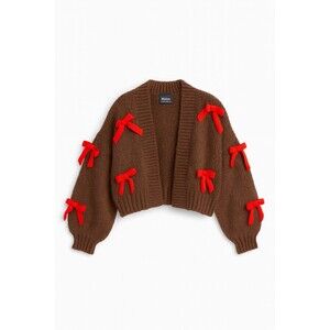 Maeve by Anthropologie Bow Cardigan Brown Chunky Knit Red Ribbon Detail One Size